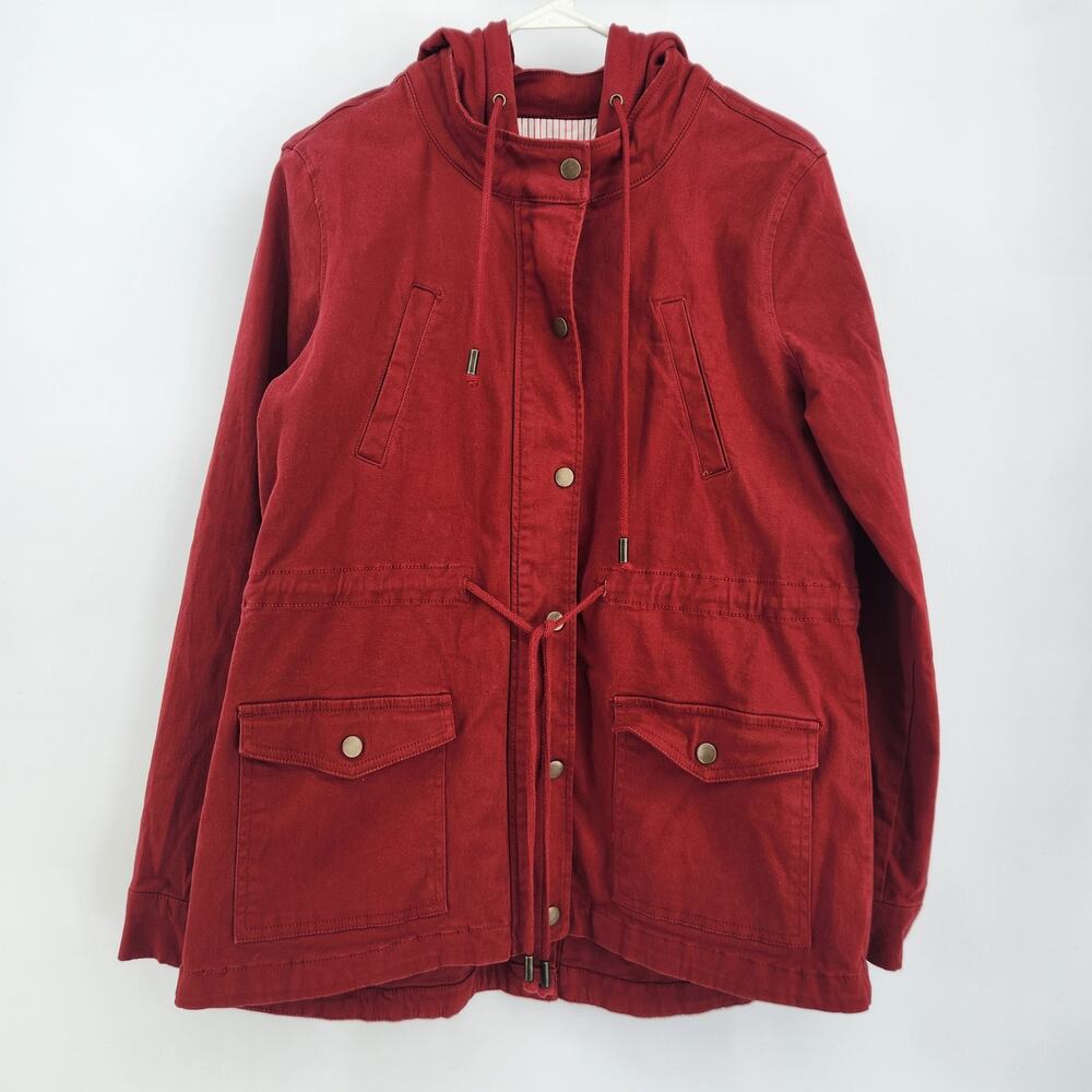 Market & Spruce Jacket Red Hood Stand Collar Zip Snap Long Sleeve Pockets Size M